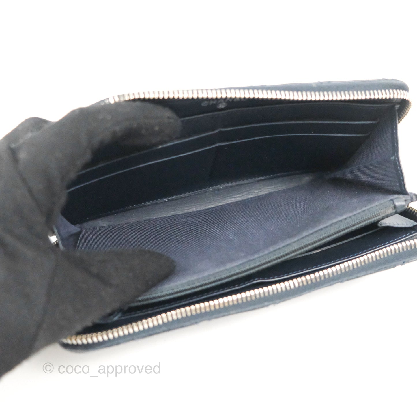 Chanel Quilted Zip Long Wallet Navy Lambskin Silver Hardware