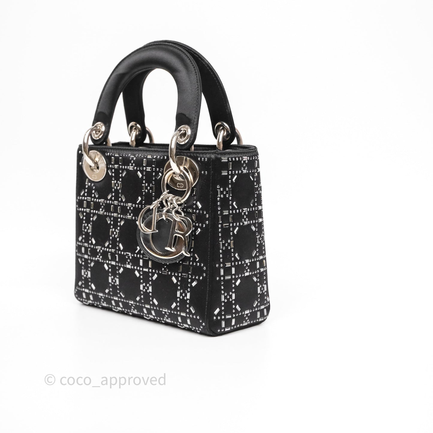 Christian Dior Mini Lady Dior Bag Black Strass Cannage Satin Silver Hardware