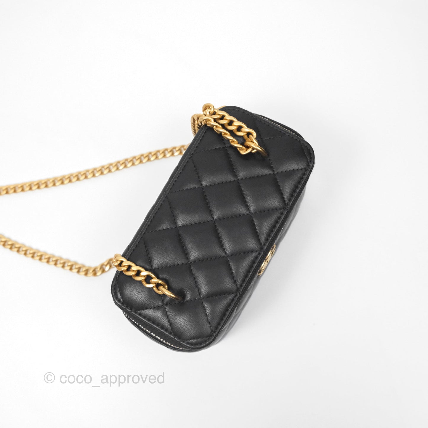 Chanel Quilted Vanity Rectangular with Camellia Adjustable Chain Black Lambskin 23S