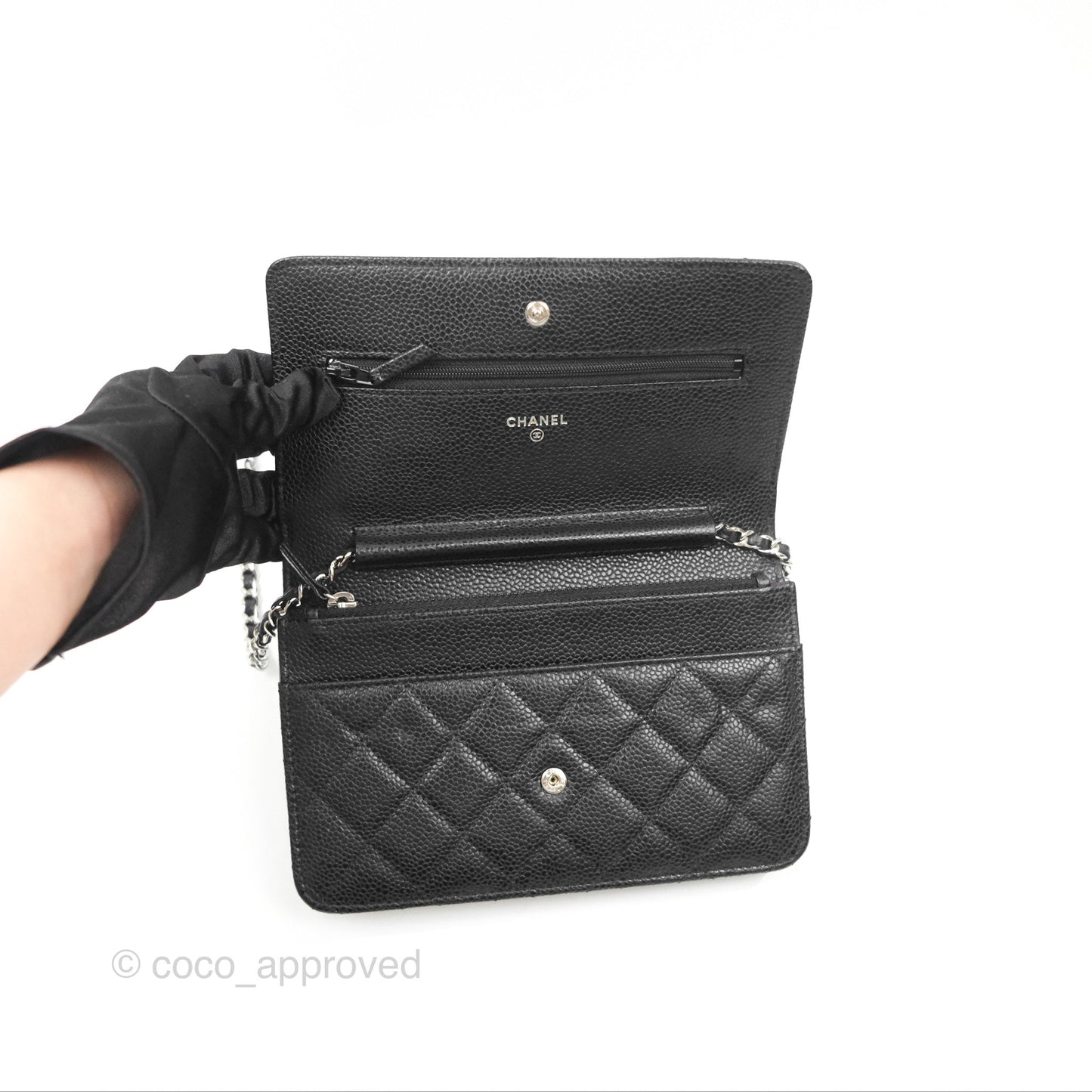 Chanel Quilted Classic Wallet On Chain WOC Black Caviar Silver Hardware