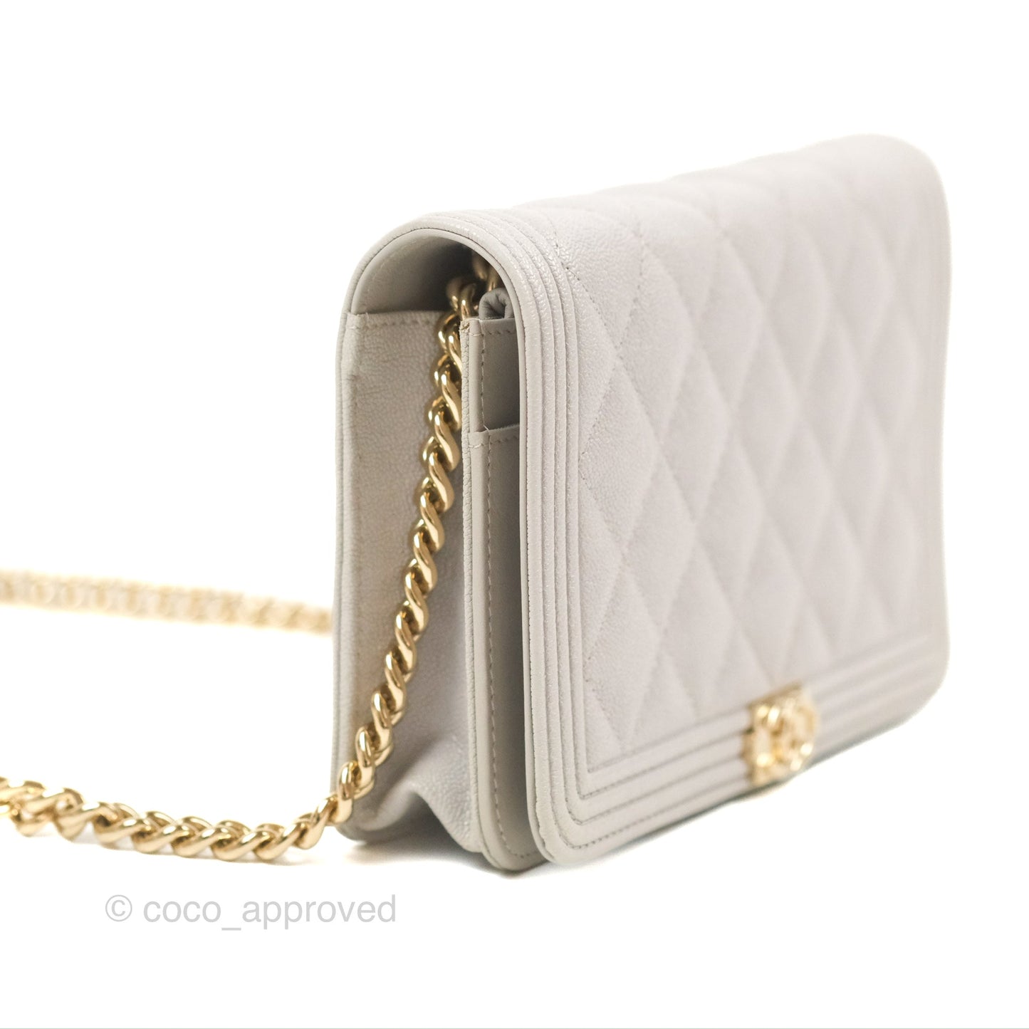 Chanel Quilted Boy Wallet on Chain WOC Light Grey Caviar Gold Hardware
