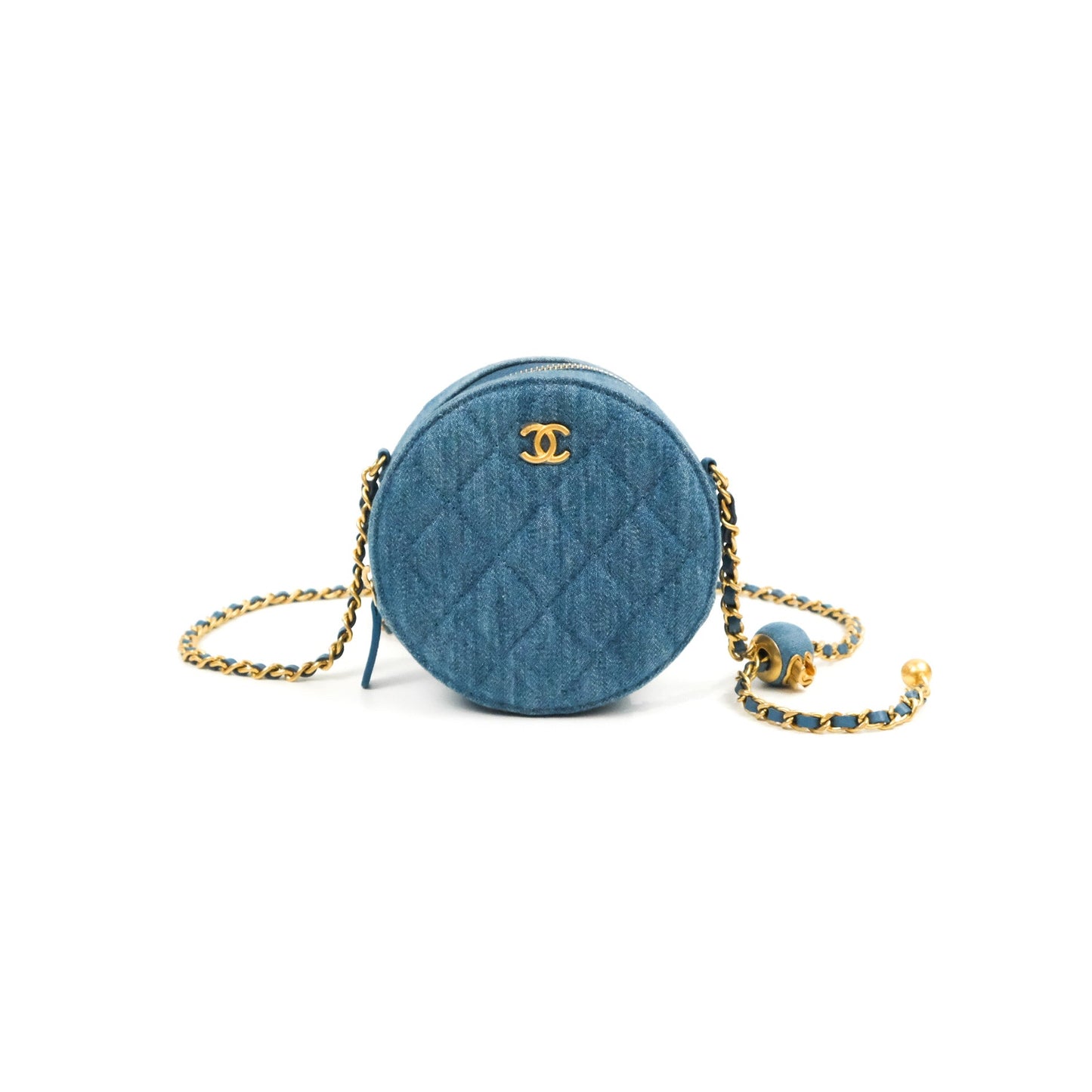 Chanel Quilted Pearl Crush Round Clutch With Chain Denim Aged Gold Hardware