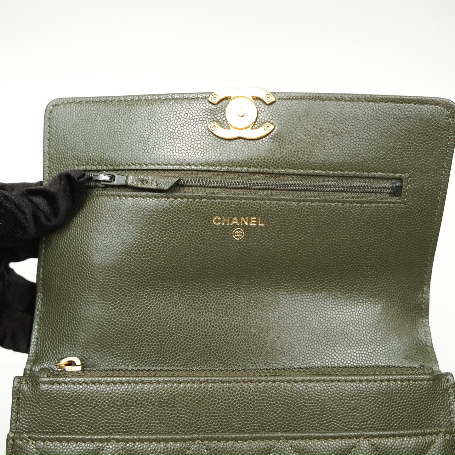 Chanel Coco First Wallet On Chain WOC Dark Olive Green Caviar Gold Hardware 22K