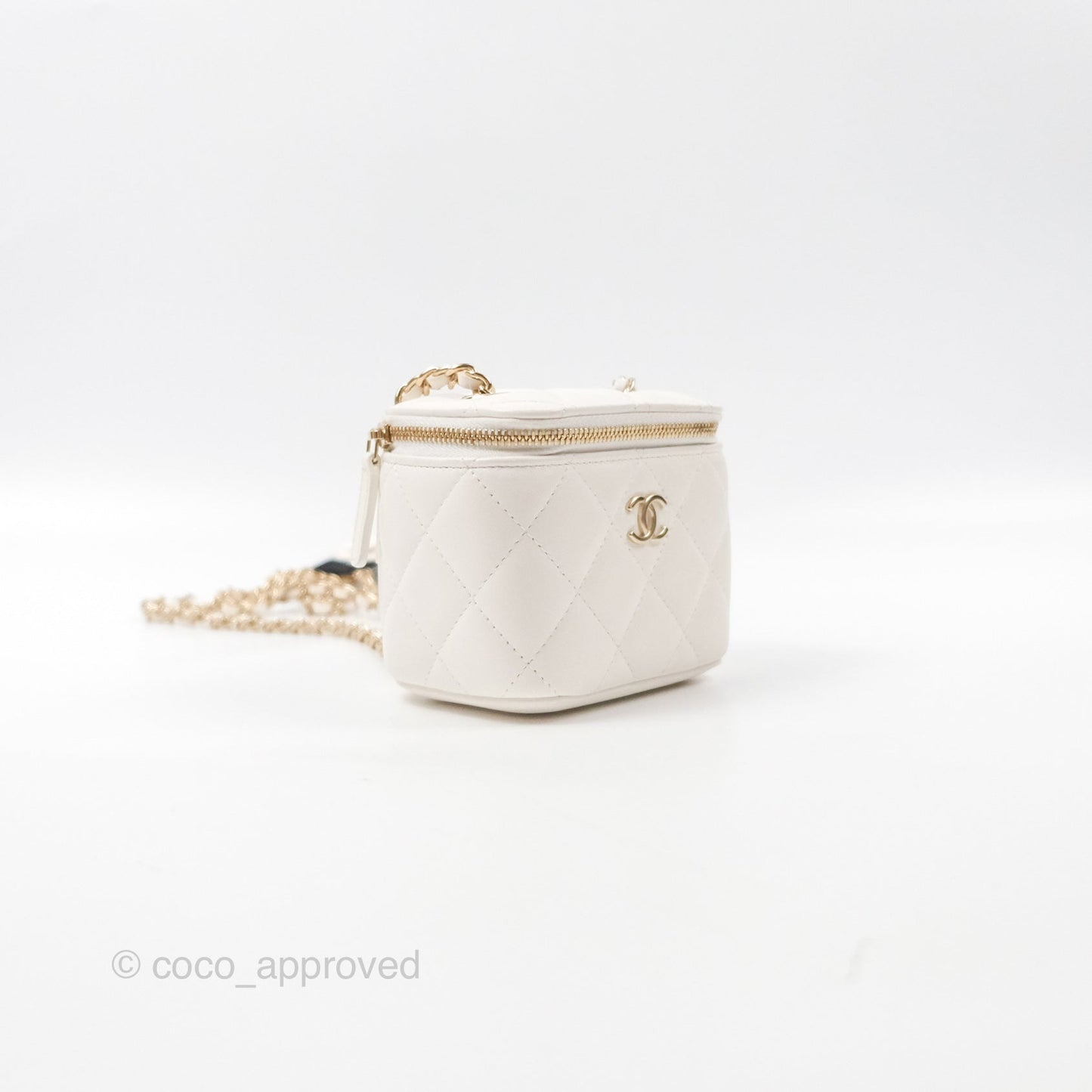 Chanel Camellia White Quilted Lambskin Mini Vanity with Chain Gold Hardware