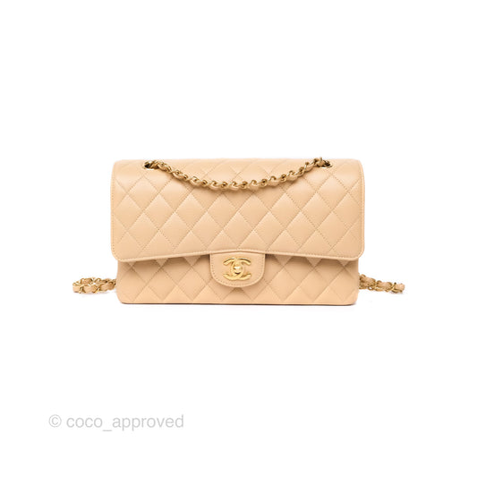 Chanel Classic M/L Medium Flap Quilted Beige Caviar Gold Hardware