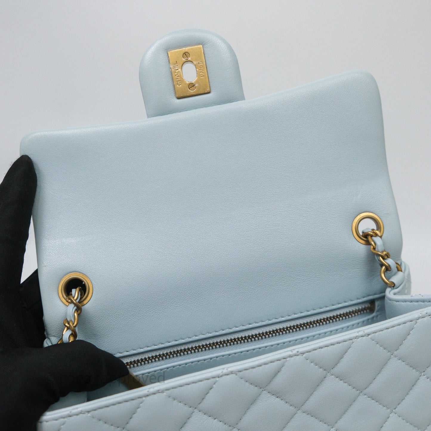 Chanel Pearl Crush Mini Rectangular Light Blue Lambskin Aged Gold Hardware