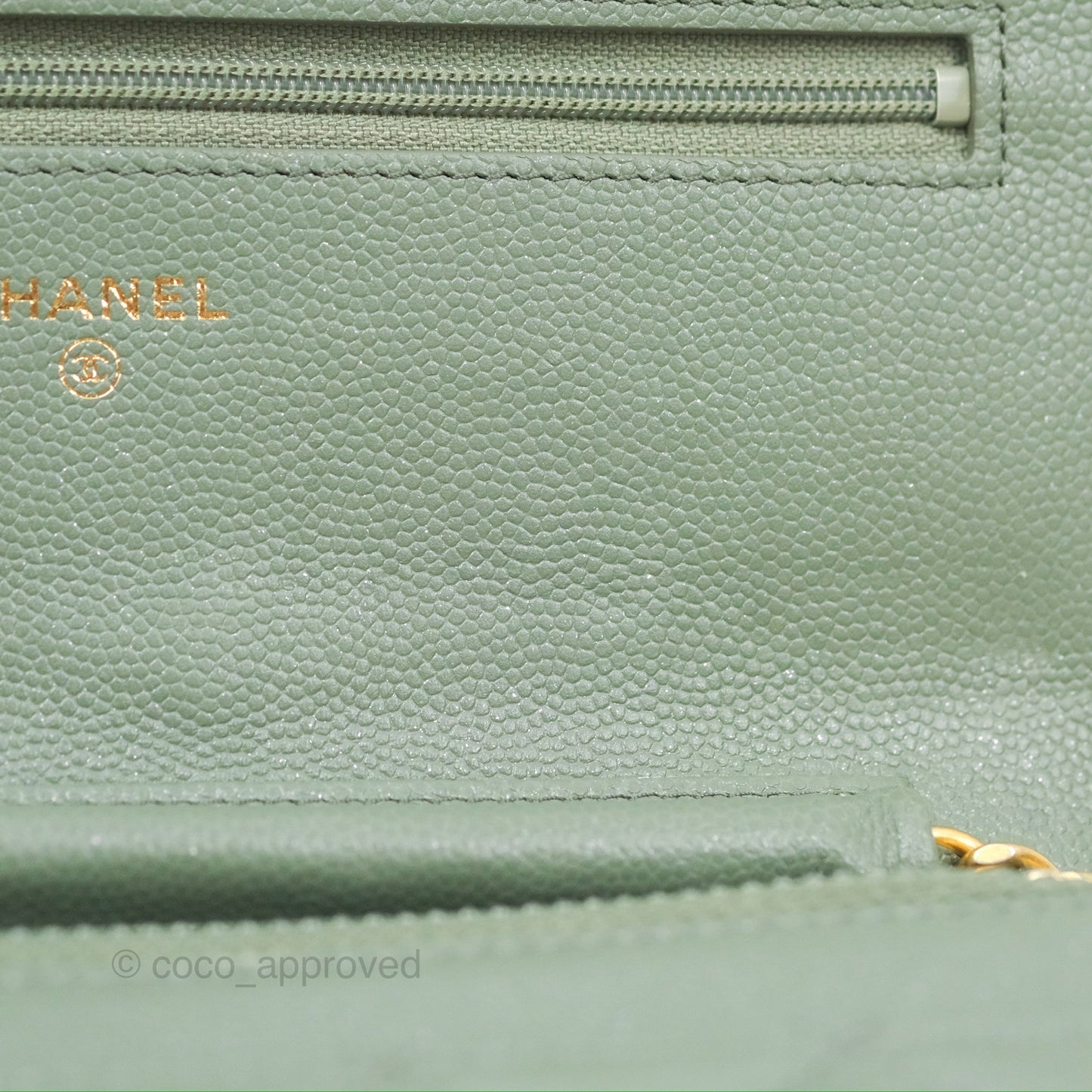 Chanel Classic Quilted Wallet On Chain WOC Glitter Dark Tiffany Green Caviar Aged Gold Hardware