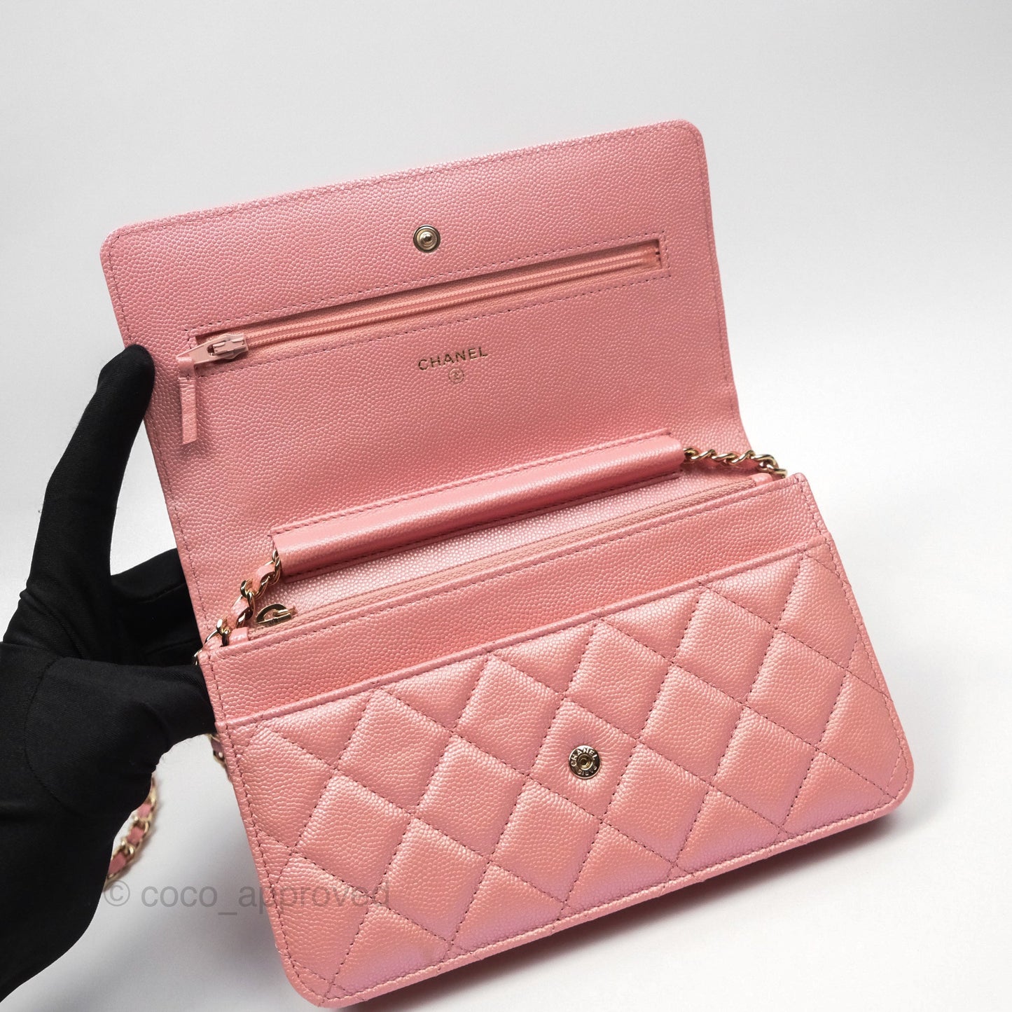 Chanel Classic Quilted Wallet on Chain WOC Iridescent Pink Caviar Gold Hardware