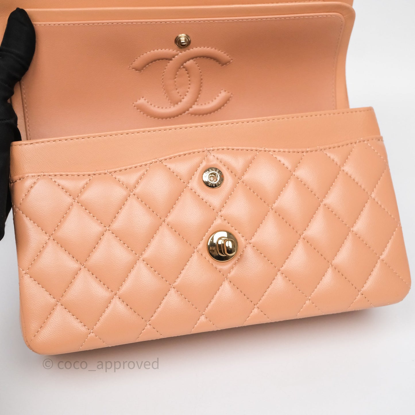 Chanel Small Classic Flap Quilted Dark Peach Beige Lambskin Gold Hardware