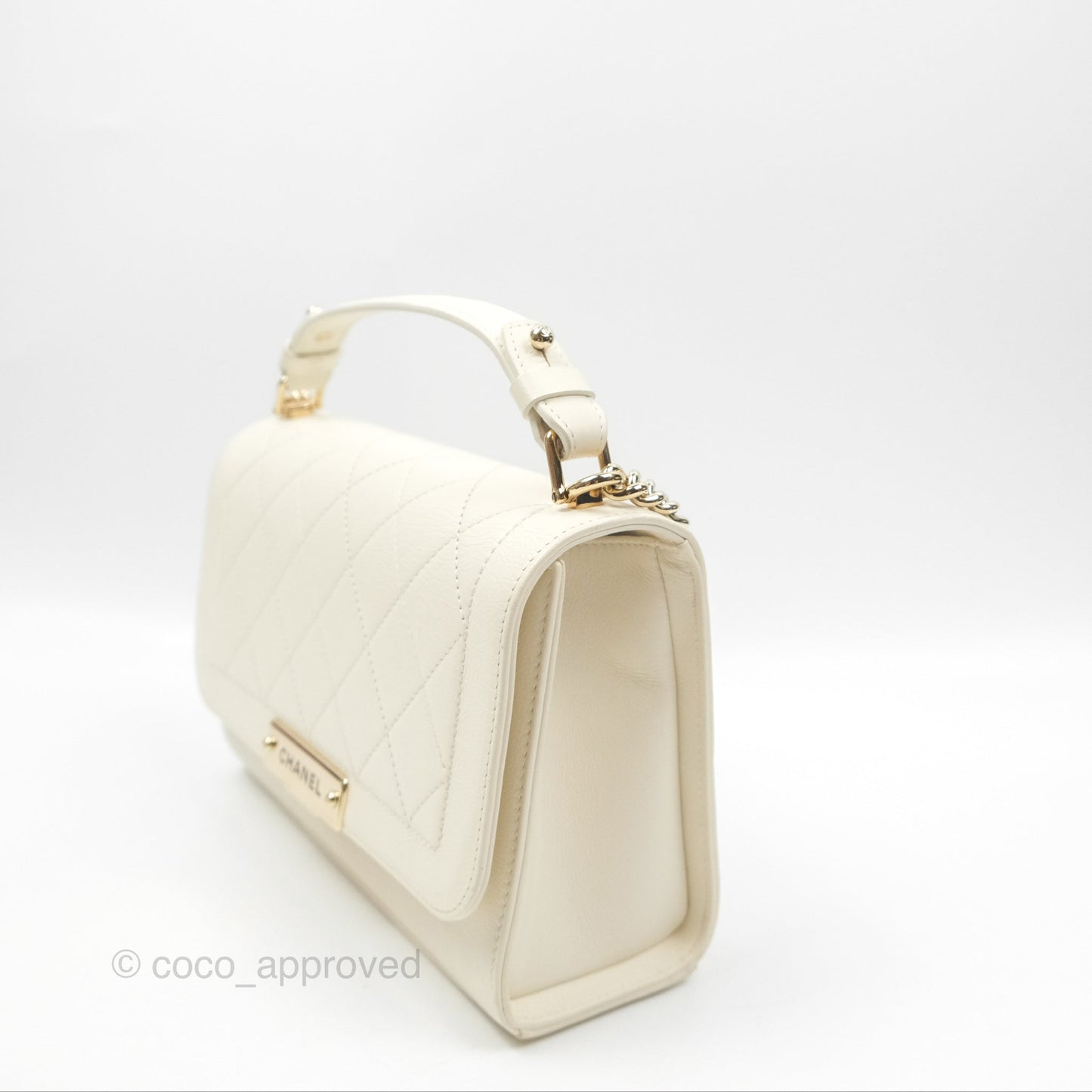 Chanel Quilted Label Click Flap Bag White Grained Calfskin Gold Hardware