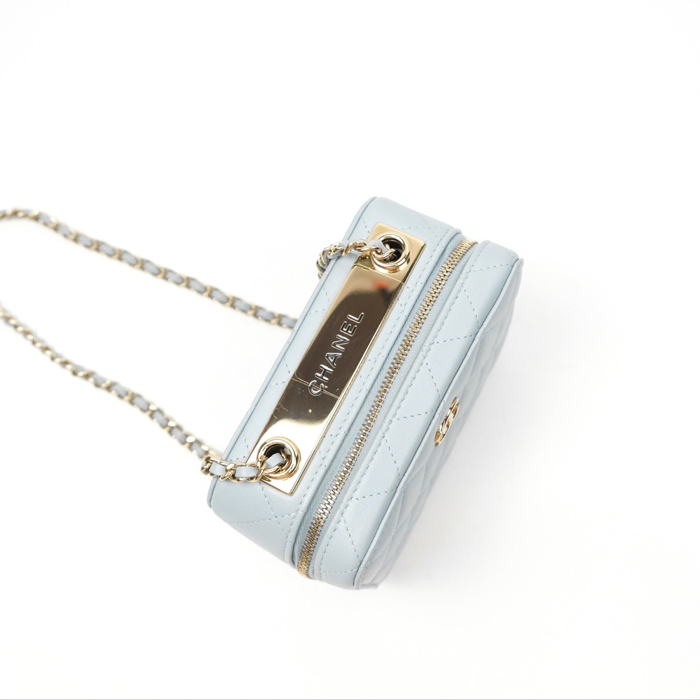 Chanel Mini Quilted Vanity Camera Case Light Blue Lambskin Gold Hardware