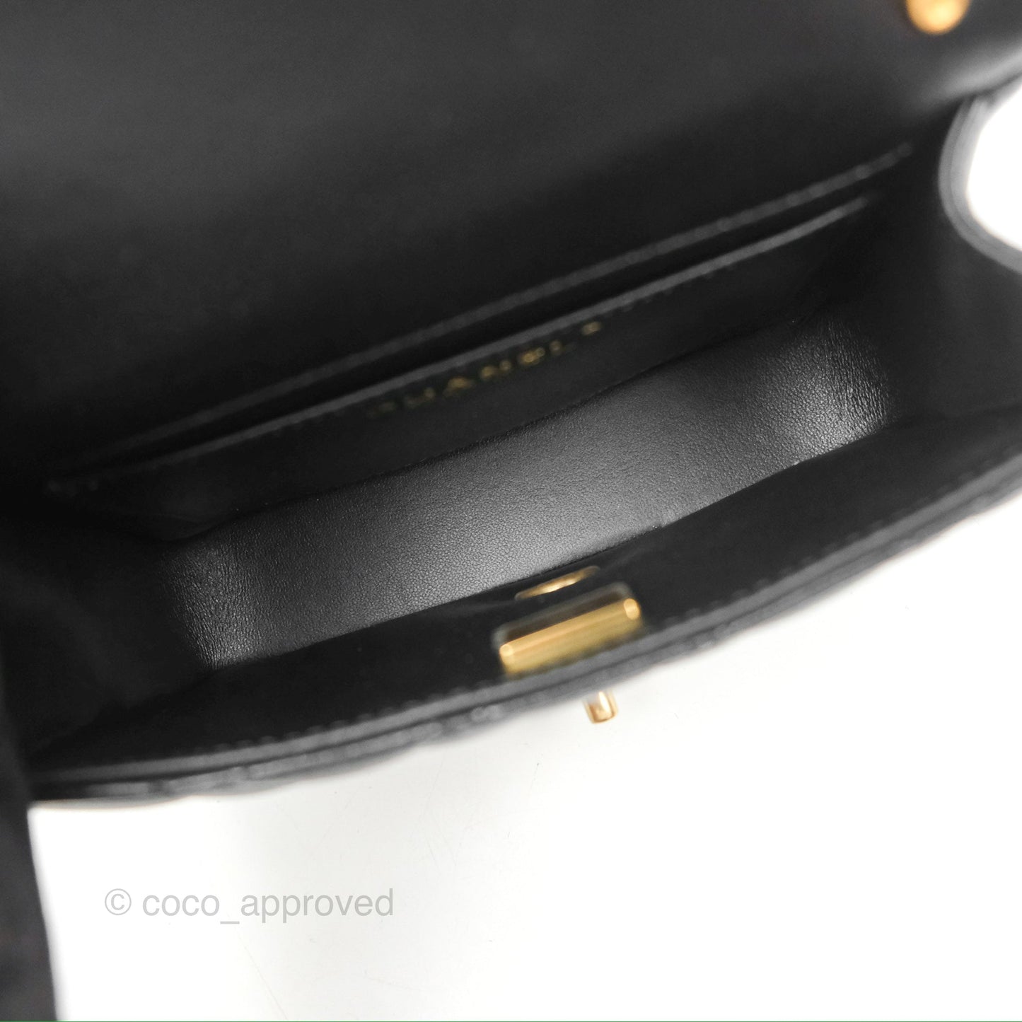 Chanel Mini Flap Bag with Pearl Chain Black Shiny Lambskin Aged Gold Hardware 24P