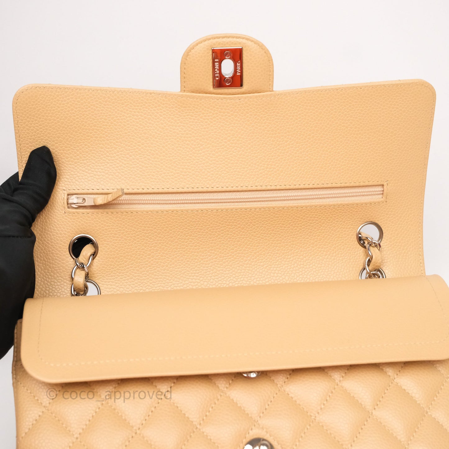 Chanel Classic M/L Medium Flap Quilted Beige Caviar Silver Hardware
