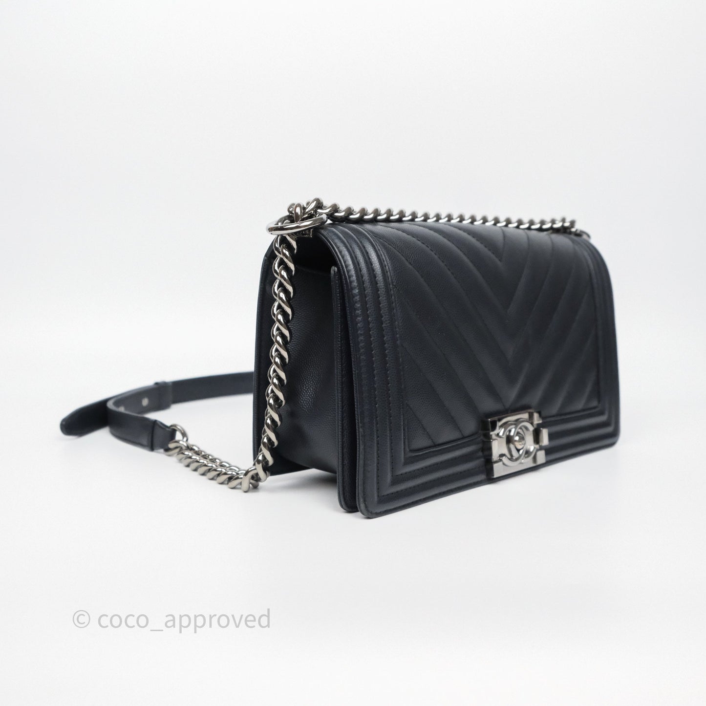 Chanel Medium Boy Chevron Dark Navy Caviar Silver Hardware
