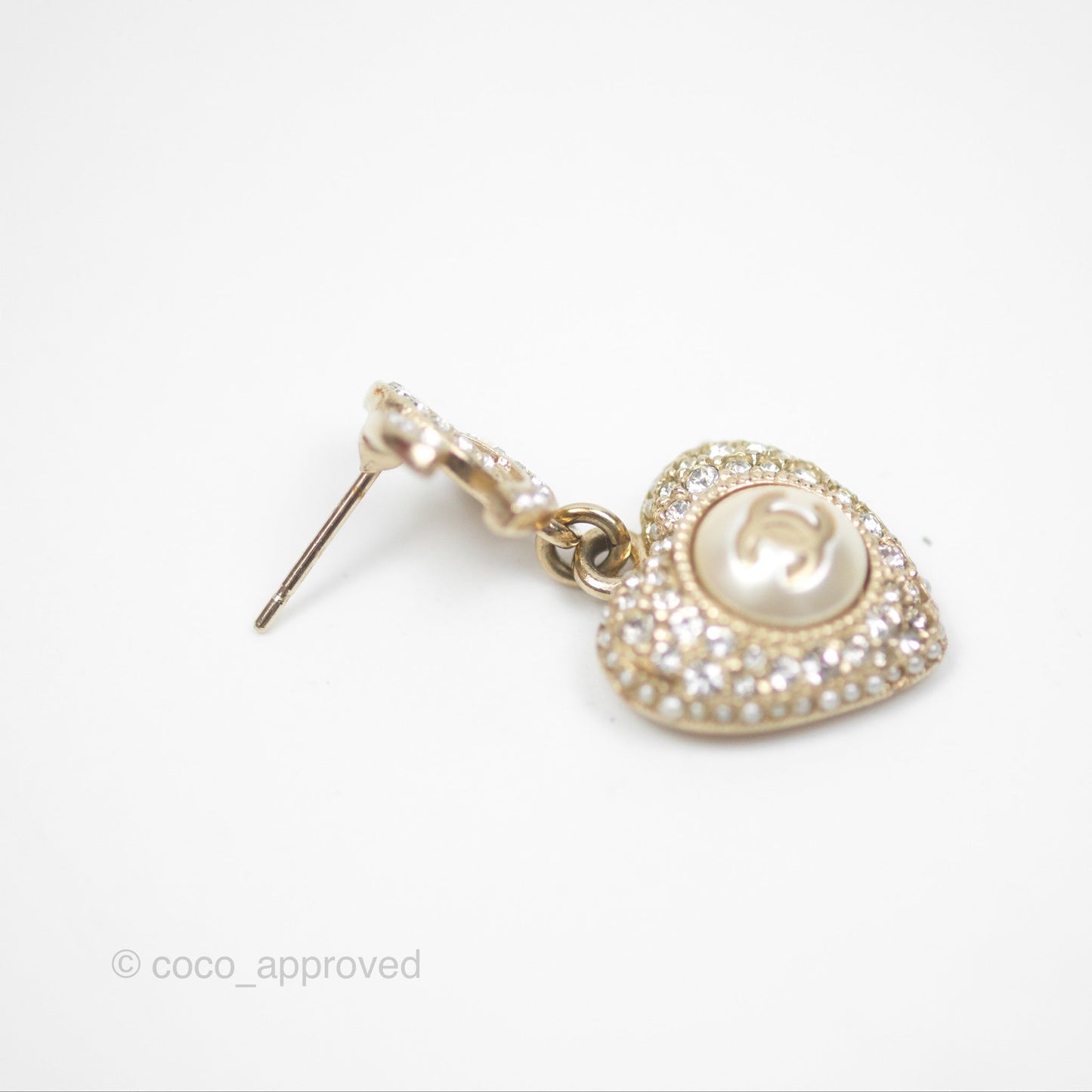 Chanel Crystal CC Pearl Heart Drop Earrings Gold Tone 23V