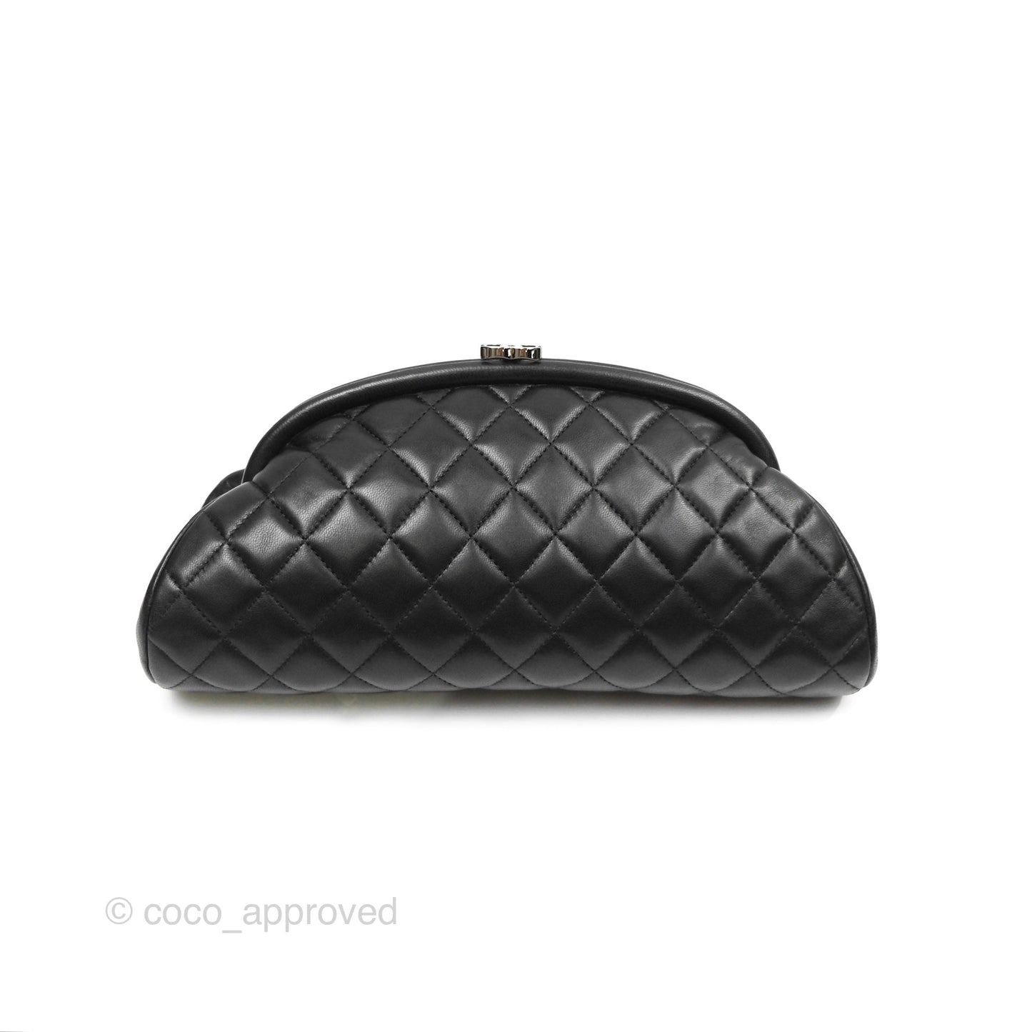 Chanel Quilted Timeless Kisslock Clutch Black Lambskin Silver Hardware