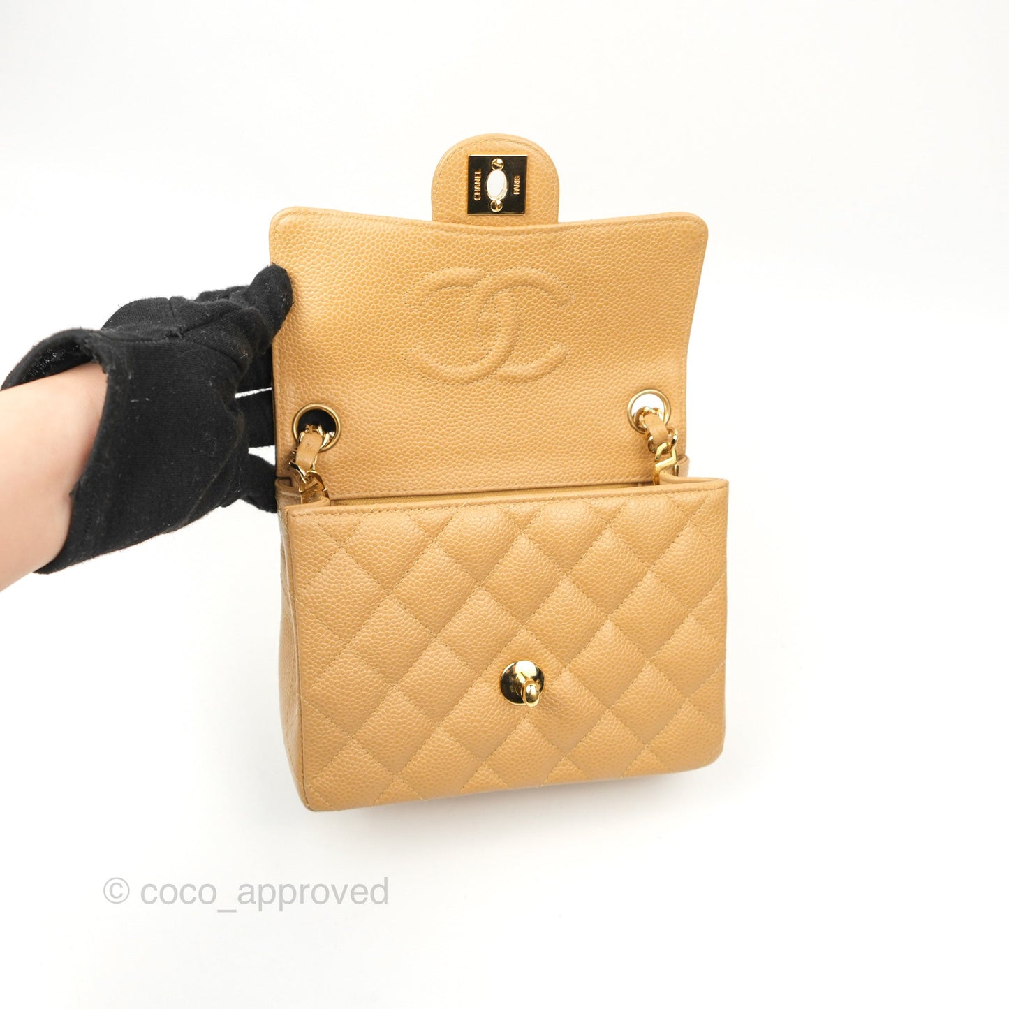 Chanel Quilted Vintage Mini Square Flap Beige Caviar 24K Gold Hardware