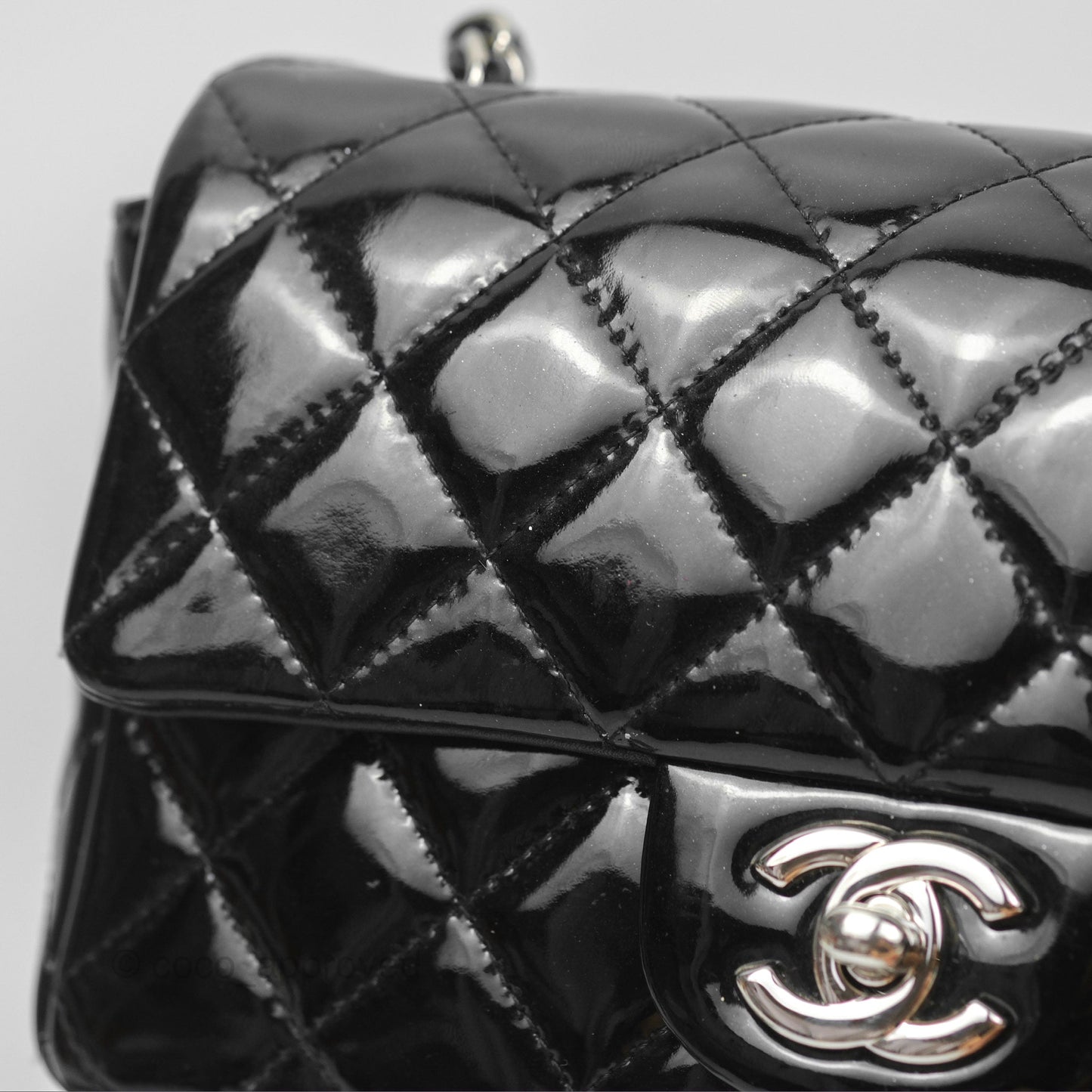 Chanel Quilted Mini Rectangular Flap Black Patent Silver Hardware