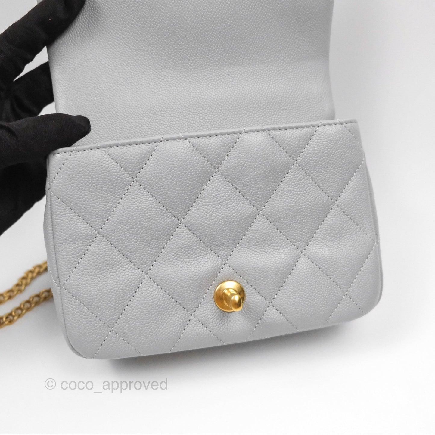Chanel Mini Flap Bag Heart Adjustable Chain Grey Caviar Aged Gold Hardware