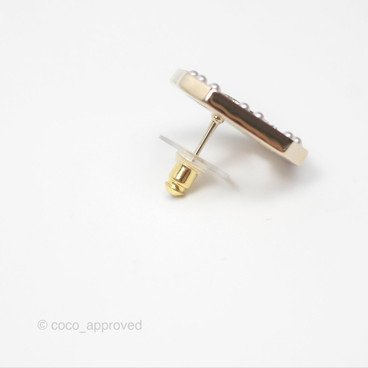 Chanel Crystal Pearl CC Square Earrings Gold Tone 23B