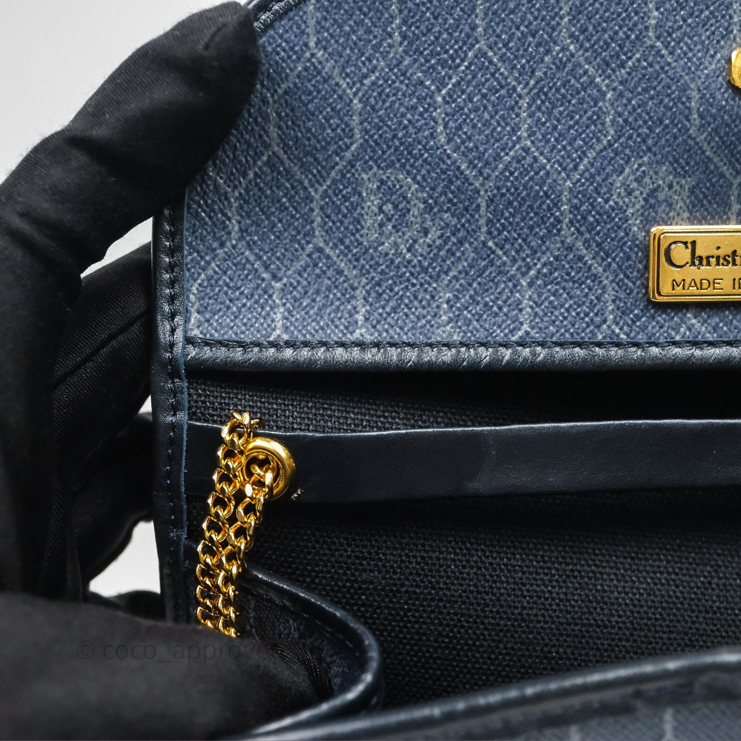 Christian Dior Vintage Honeycomb Flap Bag Navy Gold Hardware