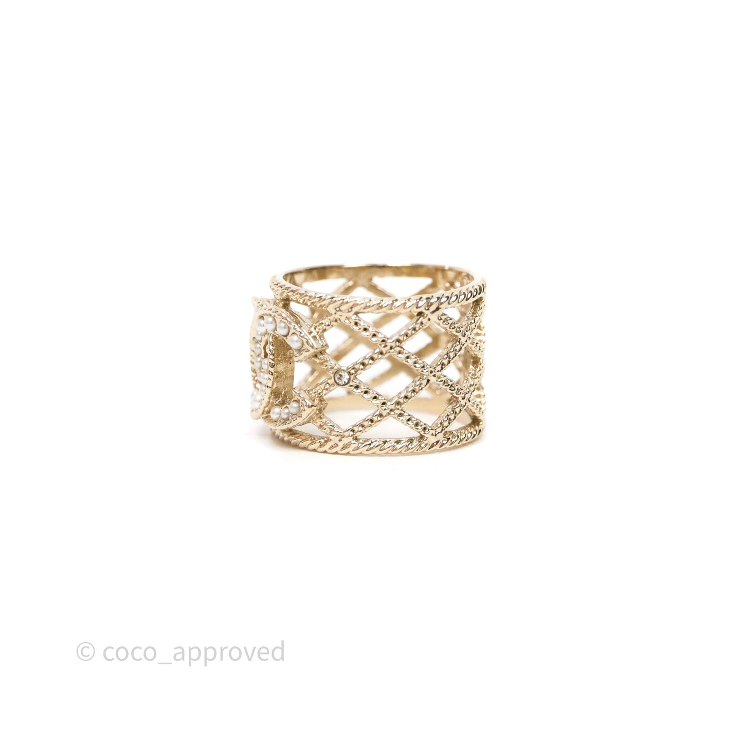 Chanel Pearl CC Ring Gold Tone 19C