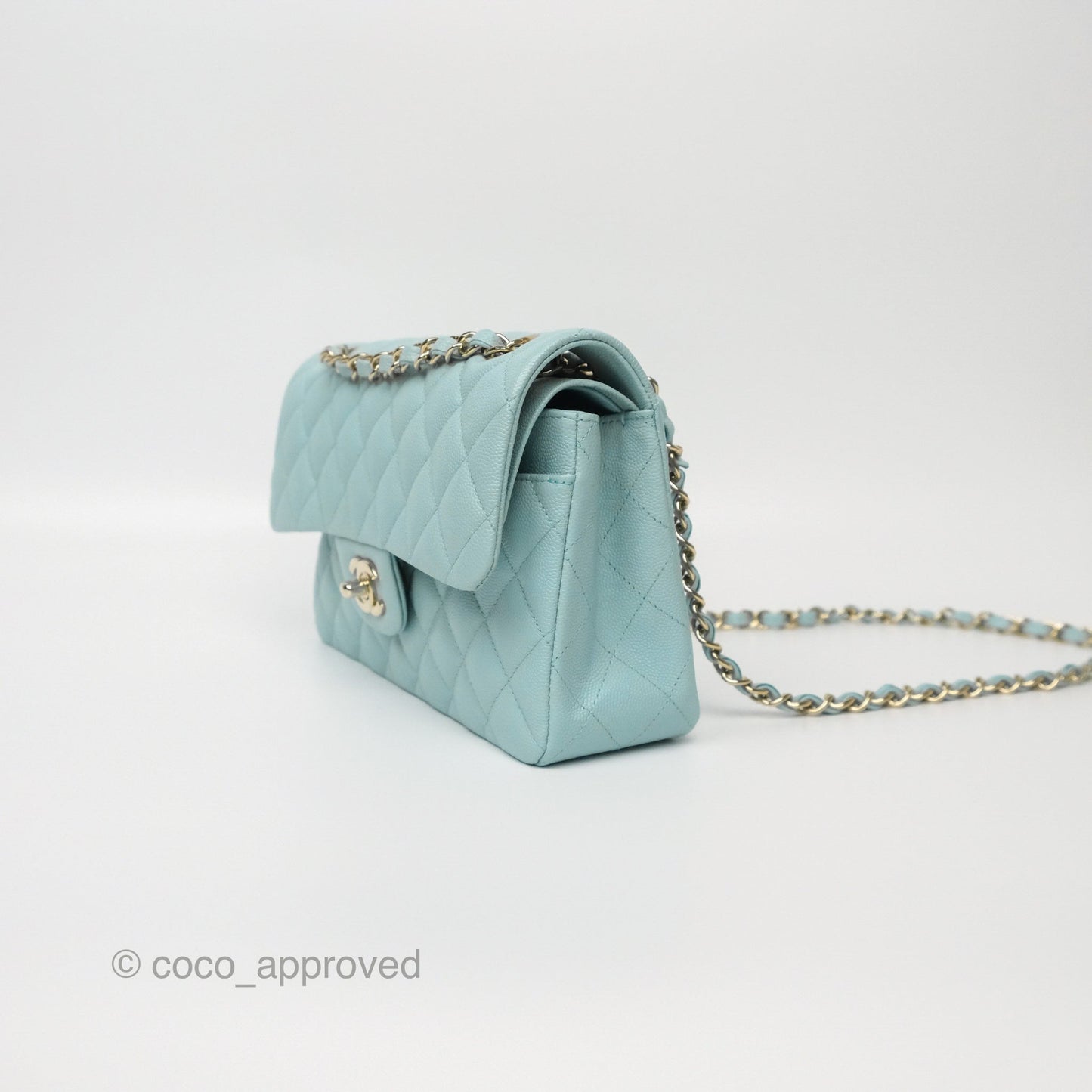 Chanel Small S/M Classic Flap Quilted Tiffany Blue Caviar Gold Hardware