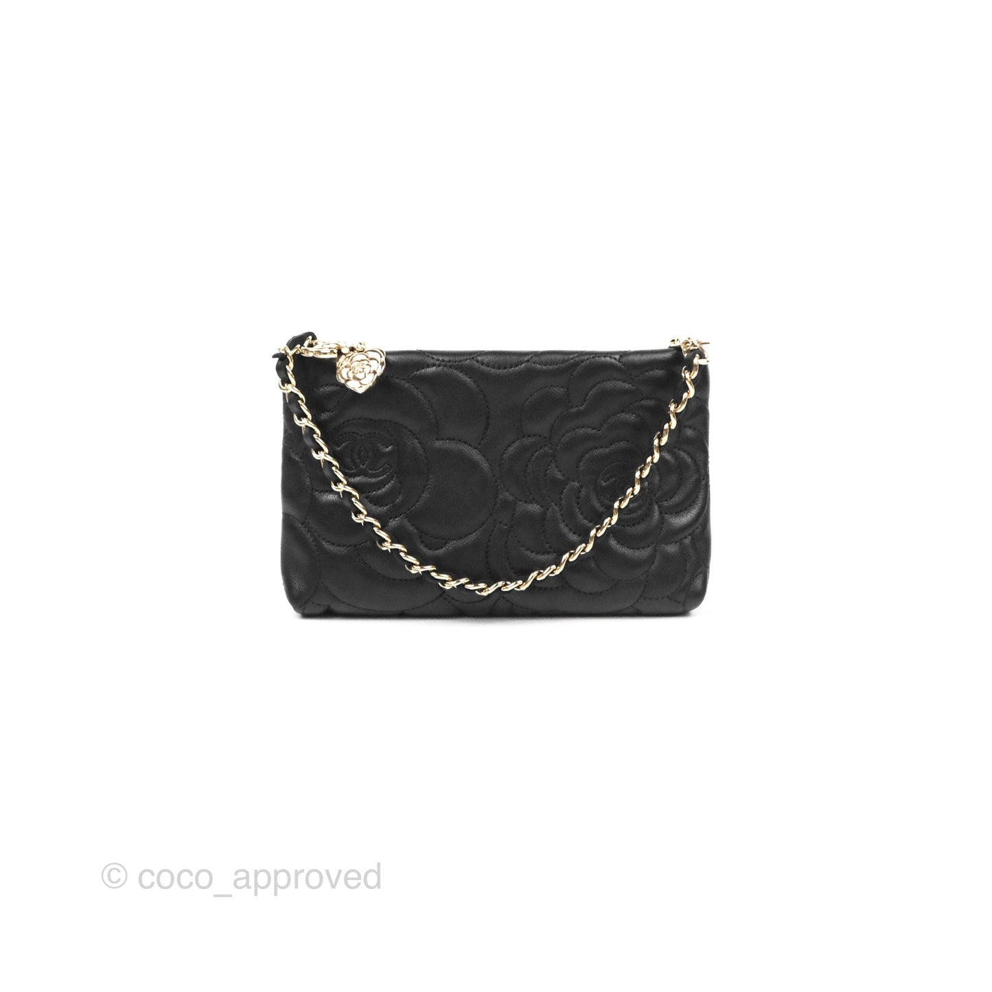 Chanel Camellia Pochette Clutch Black Lambskin Gold Hardware
