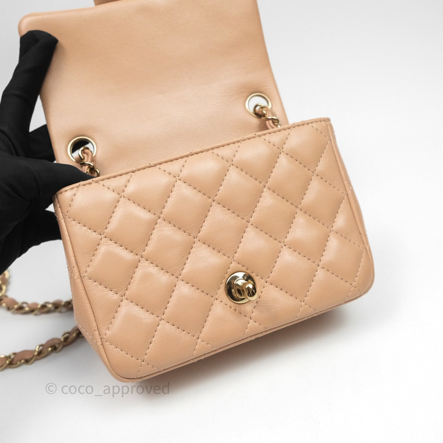 Chanel Mini Square Flap Quilted Beige Lambskin Gold Hardware