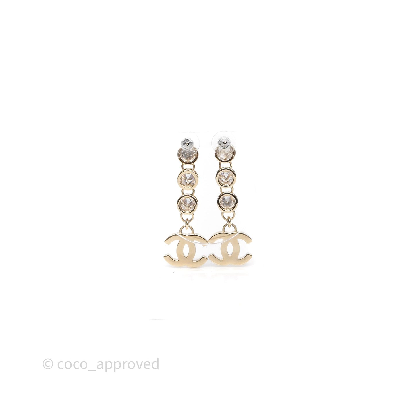 Chanel CC Logo Crystal Gold Tone Drop Earrings 24B