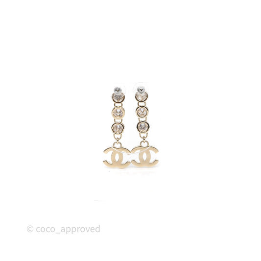 Chanel CC Logo Crystal Gold Tone Drop Earrings 24B