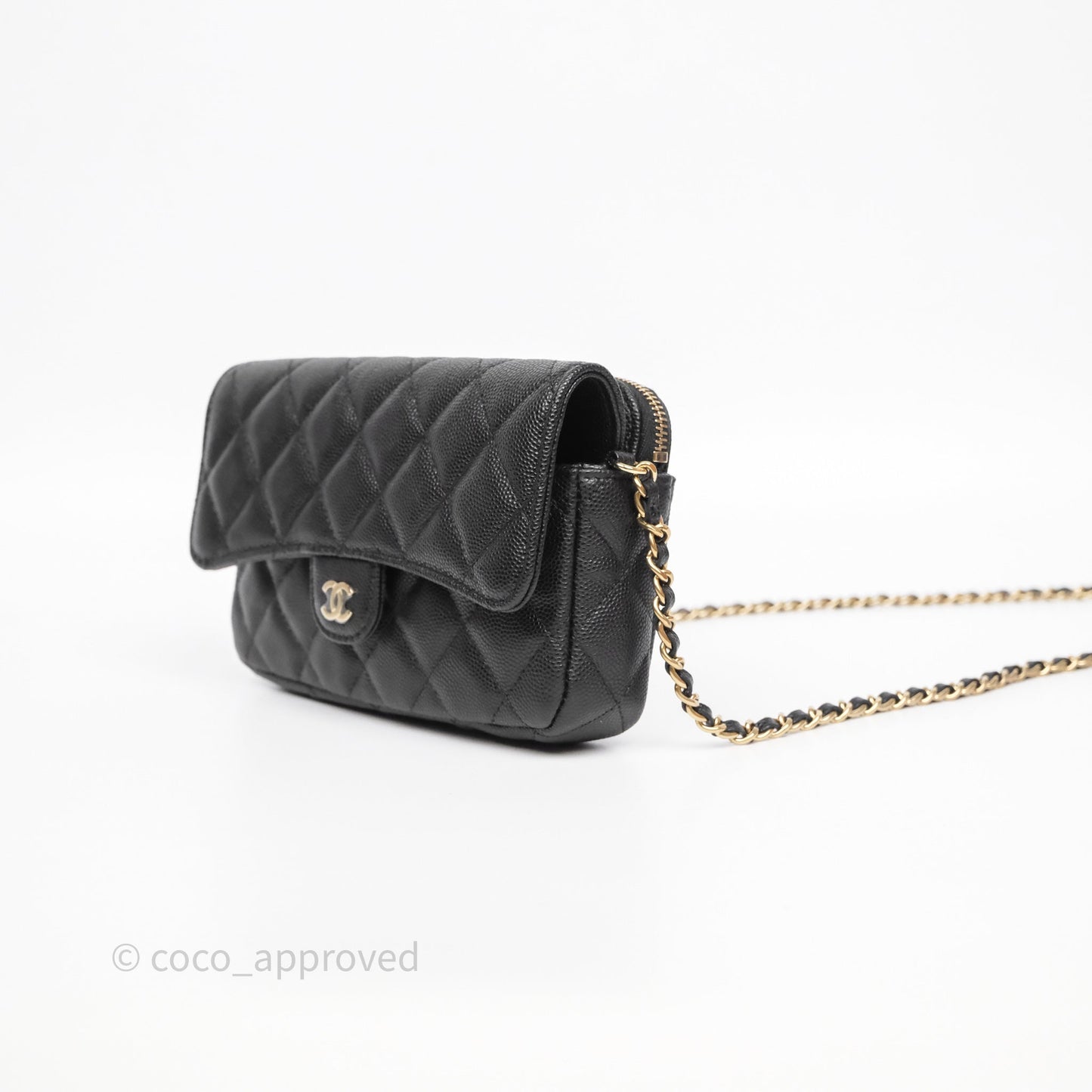 Chanel Classic Flap Phone Holder With Chain Black Caviar Gold Hardware