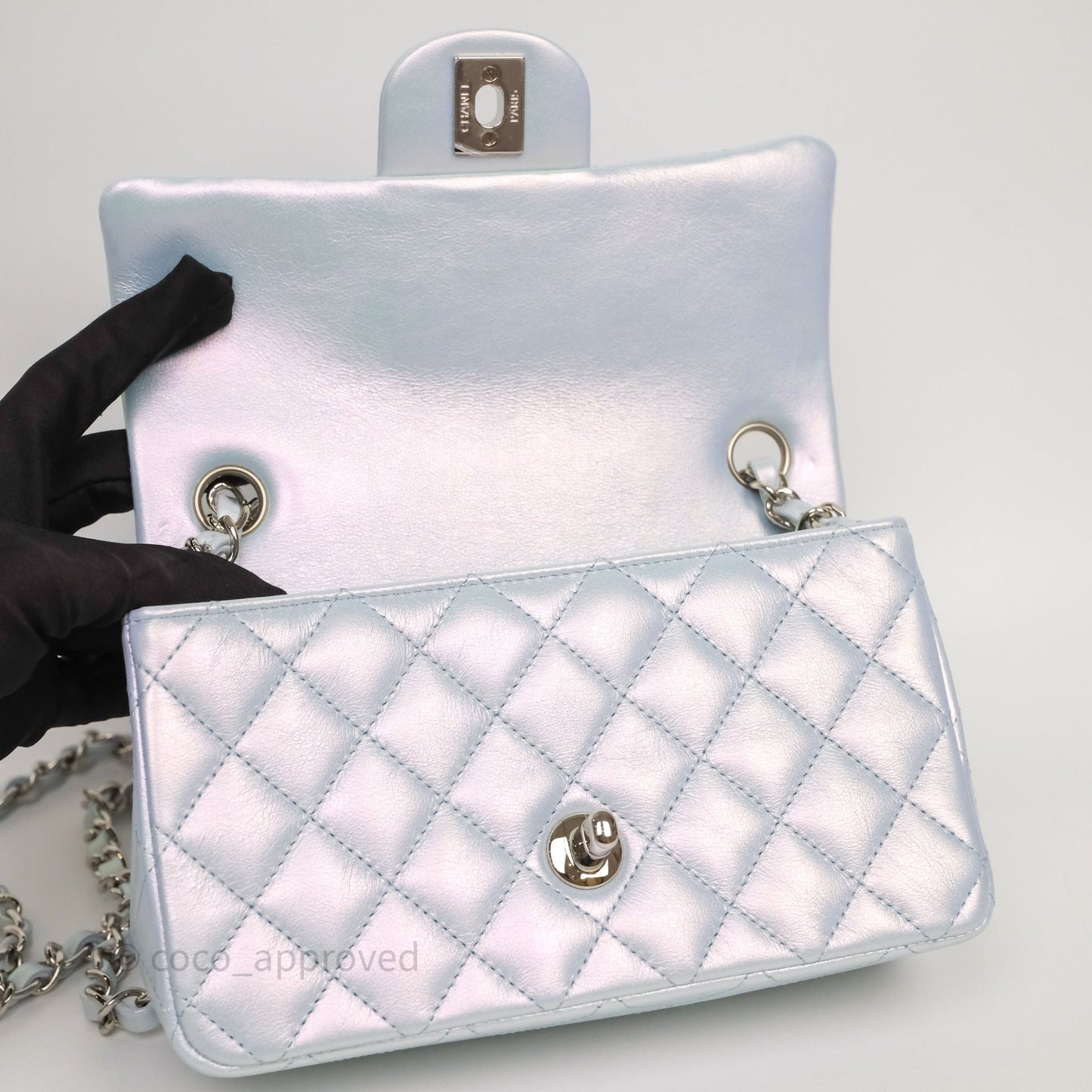 Chanel Mini Rectangular Bag Quilted Iridescent Icy Blue Silver Hardware
