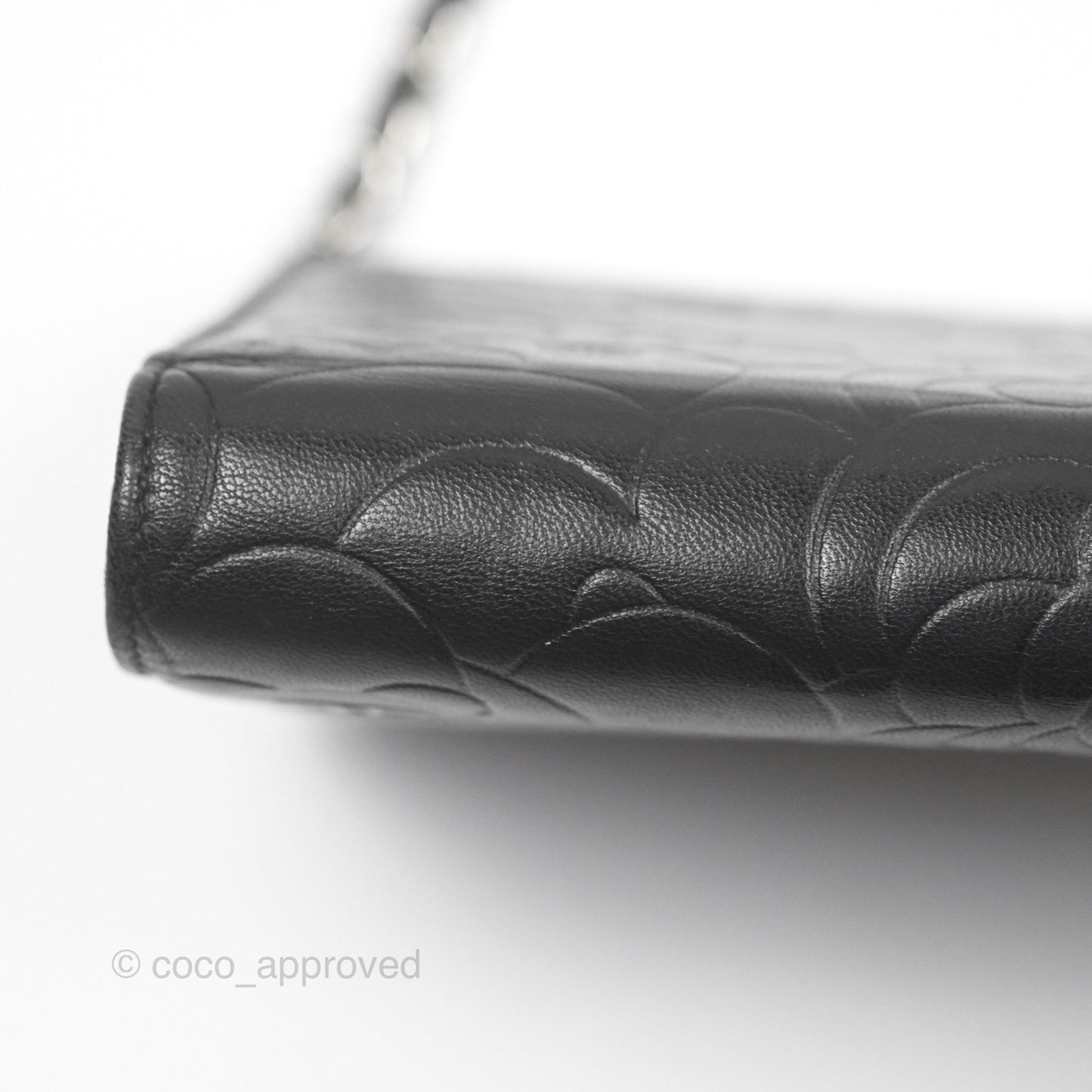 Chanel Camellia Embossed Wallet on Chain WOC Black Lambskin Silver Hardware