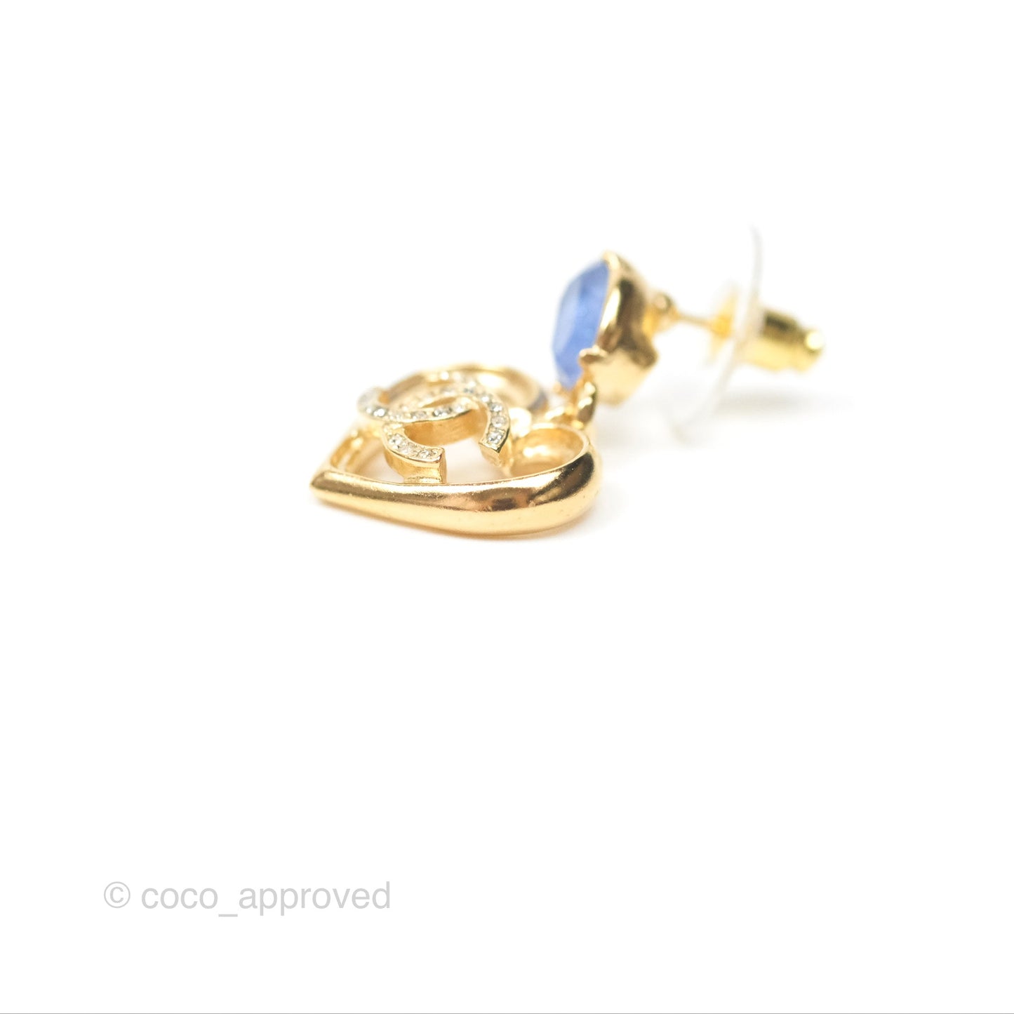 Chanel Oval Blue Resin Heart CC Drop Earrings Gold Tone 23C