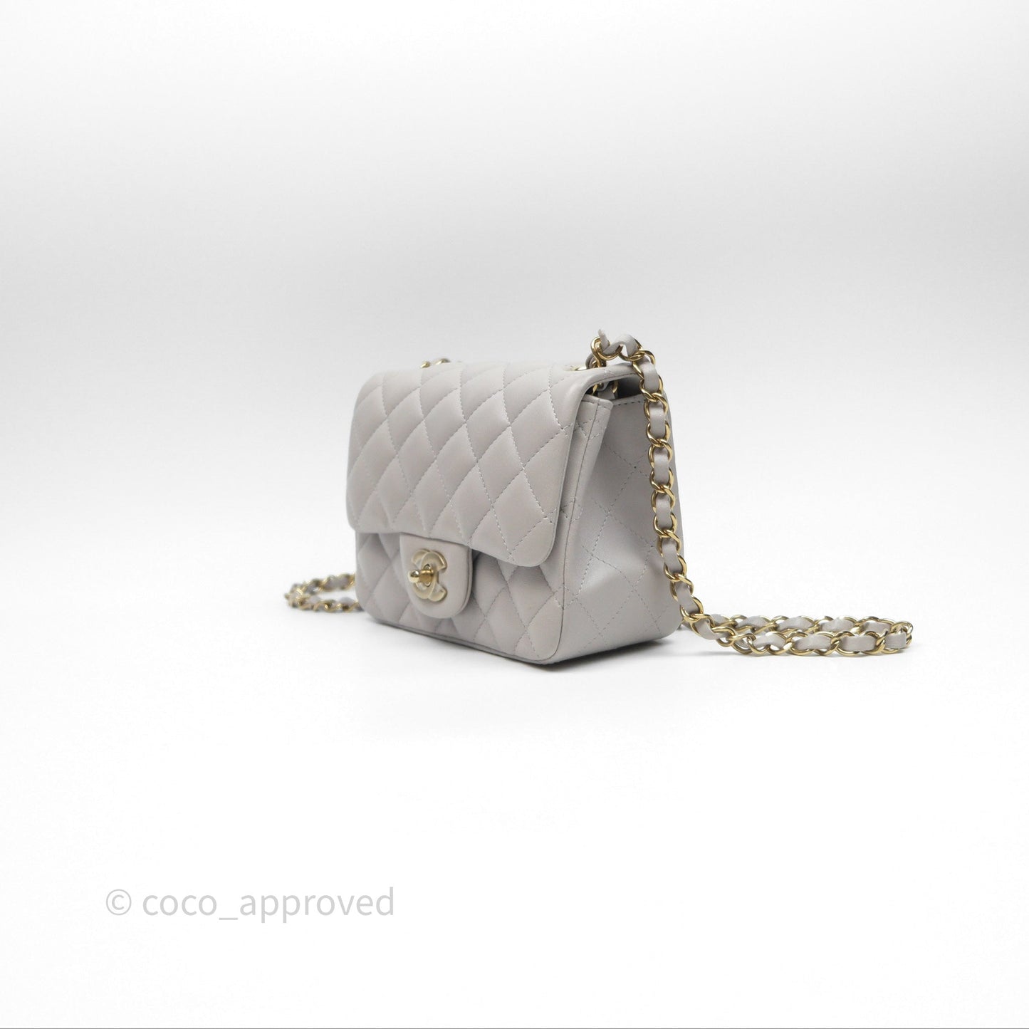 Chanel Mini Square Flap Quilted Light Grey Lambskin Gold Hardware