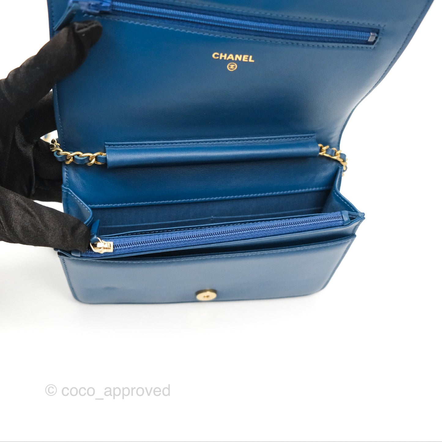 Chanel Quilted Boy Wallet on Chain WOC Blue Calfskin Aged Gold Hardware