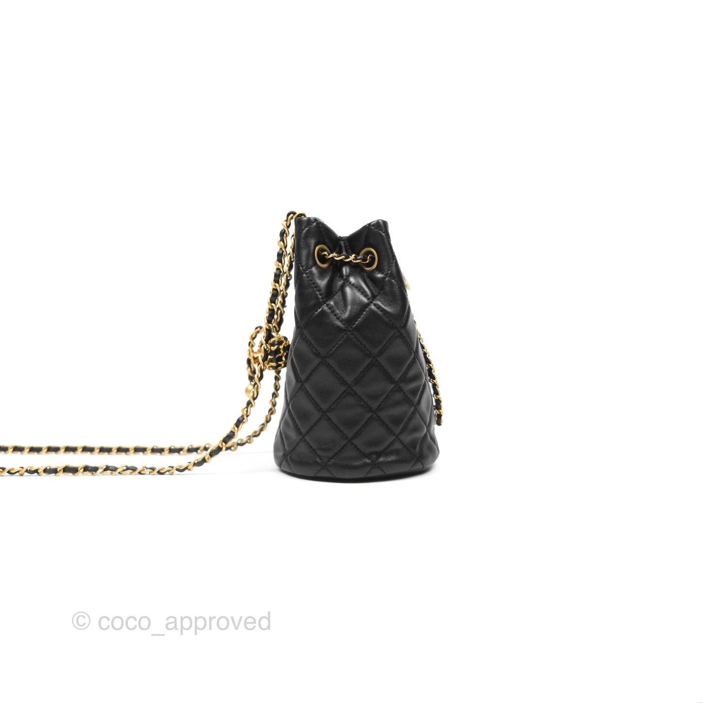 Chanel Pearl Crush Bucket Bag Black Lambskin Aged Gold Hardware 22S