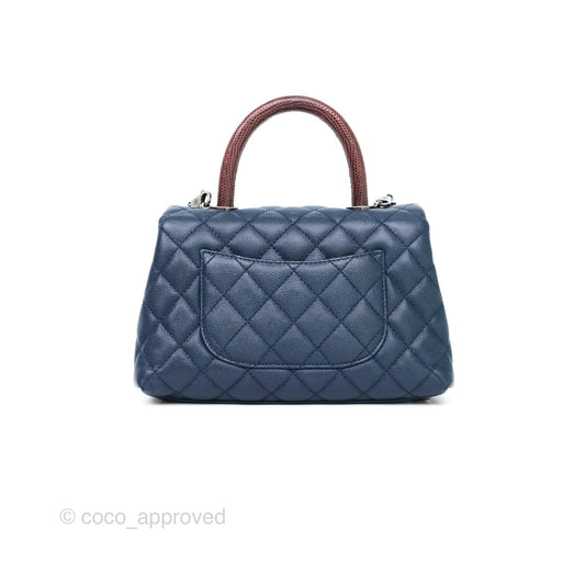 Chanel Small Coco Handle Navy Caviar Ruthenium Hardware Lizard Handle