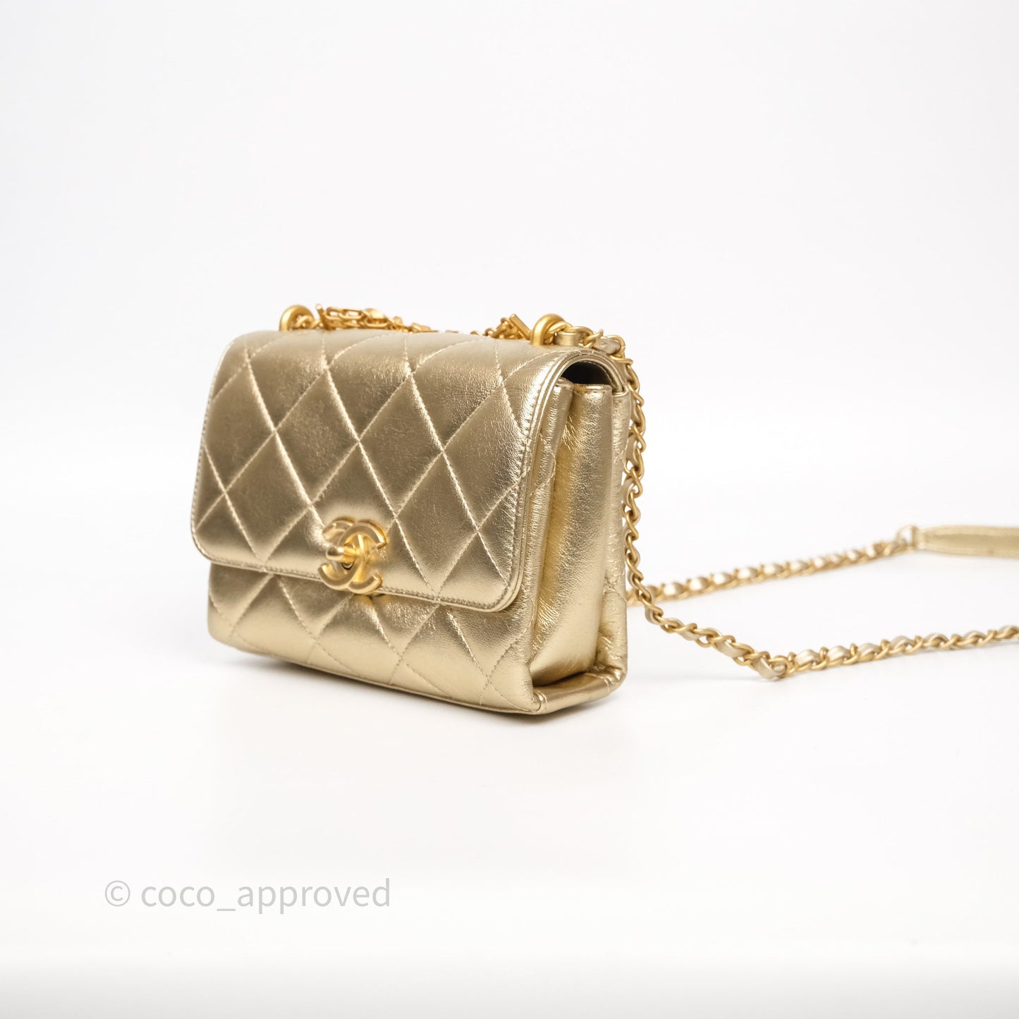 Chanel Mini Crystal Logo Handle Flap Bag Metallic Gold Lambskin 22S