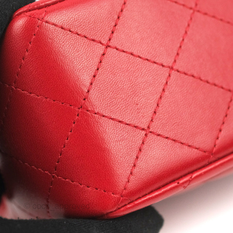 Chanel Quilted Mini Square Red Lambskin Gun Metal