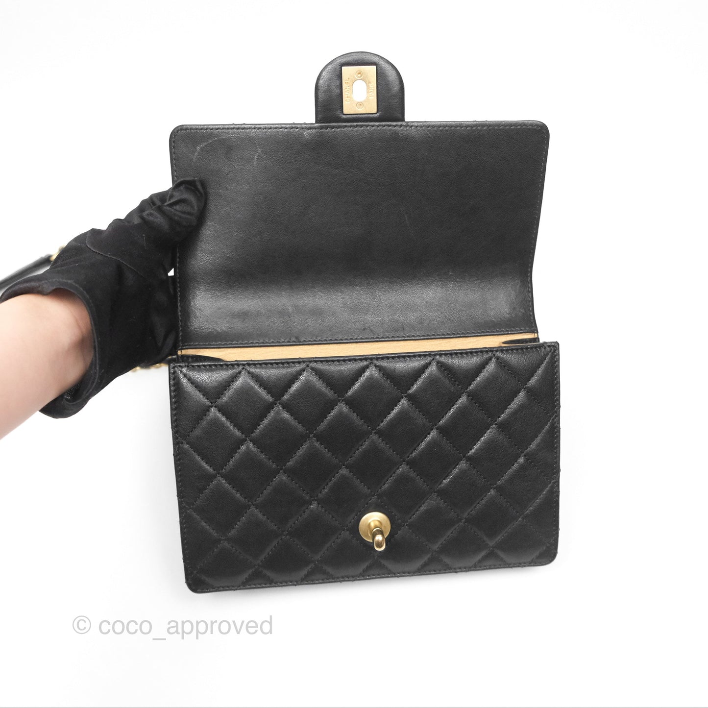 Chanel Small Chic Pearls Flap Quilted Black Goatskin Aged Gold Hardware