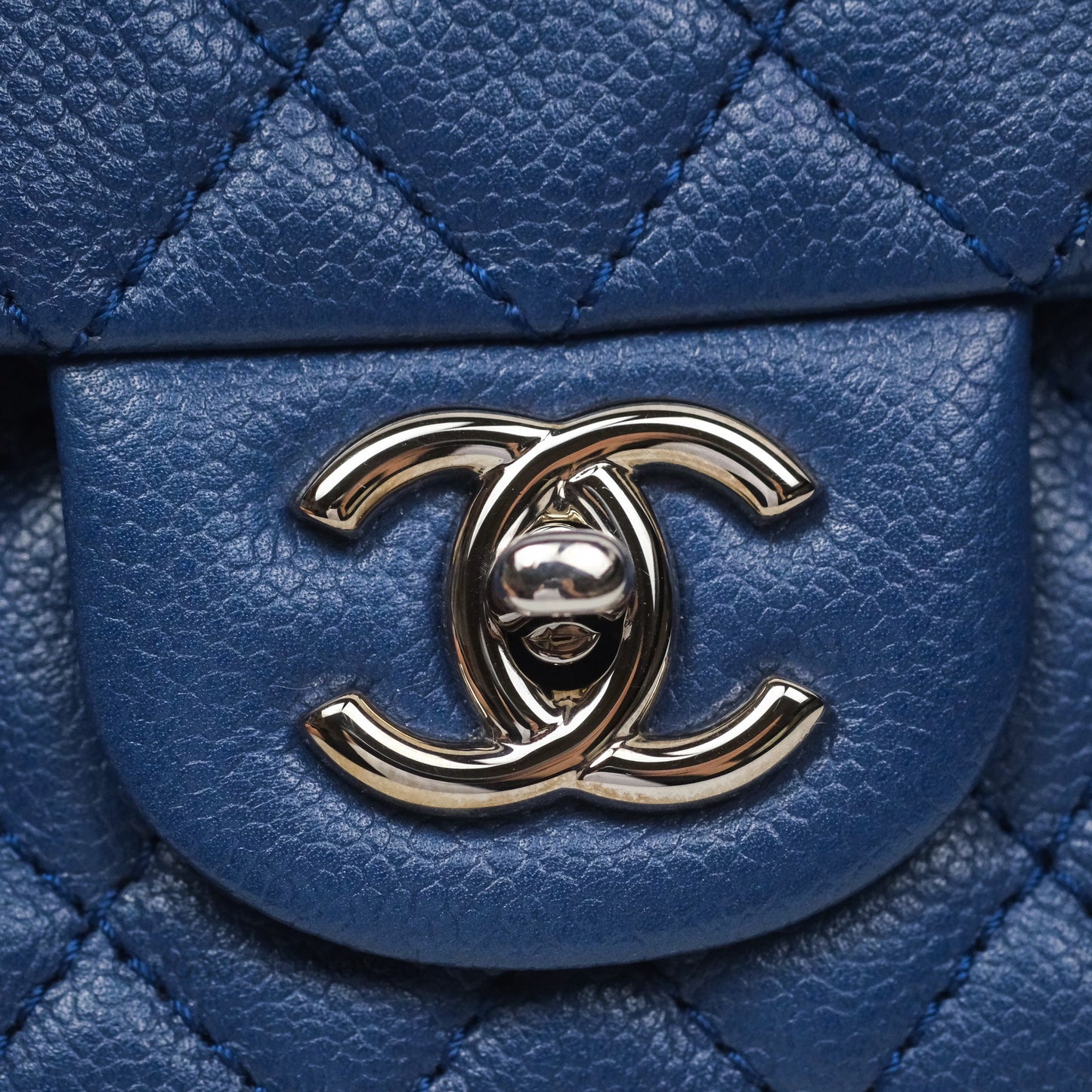 Chanel Quilted East West Flap Bag Blue Caviar Silver Hardware