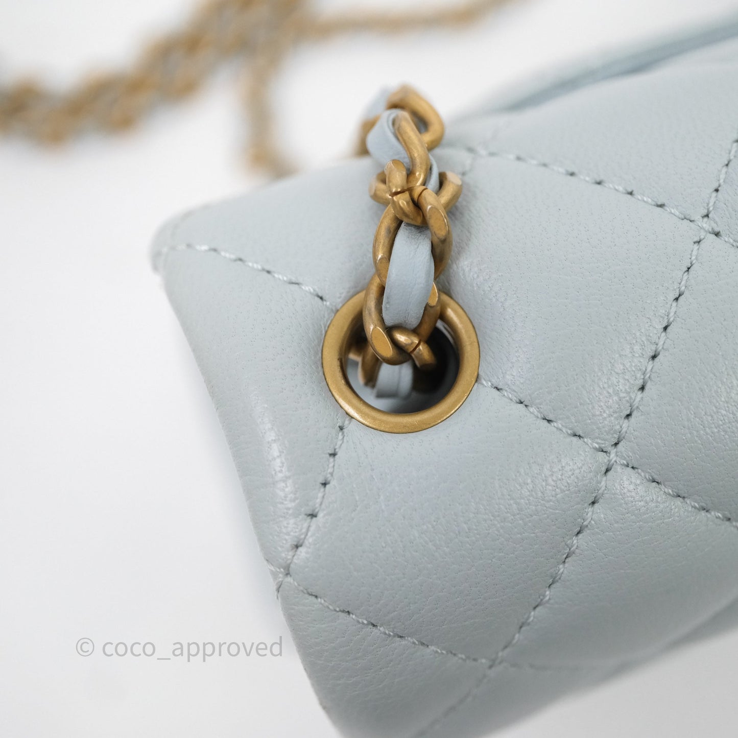 Chanel Pearl Crush Mini Rectangular Light Blue Lambskin Aged Gold Hardware