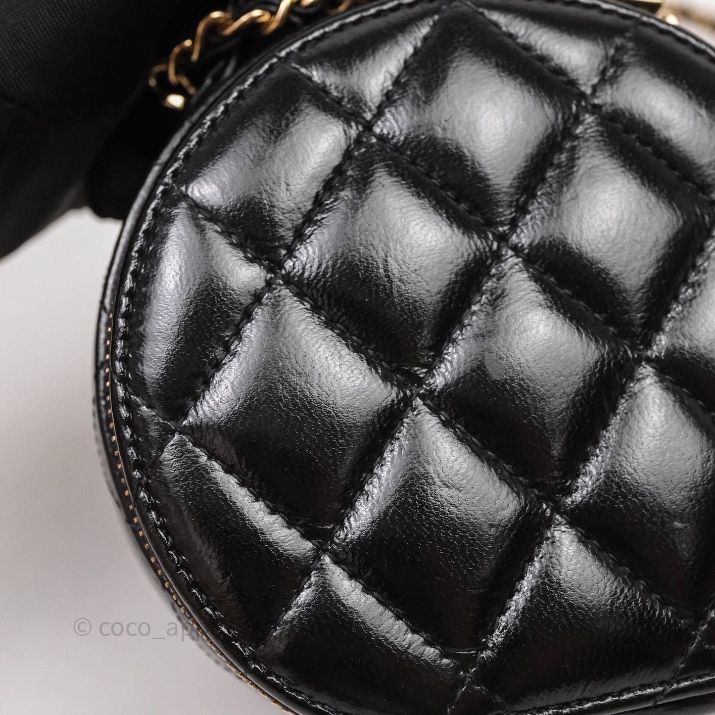 Chanel Mini Round Vanity Bag Handle With Care Black Glazed Lambskin Gold Hardware