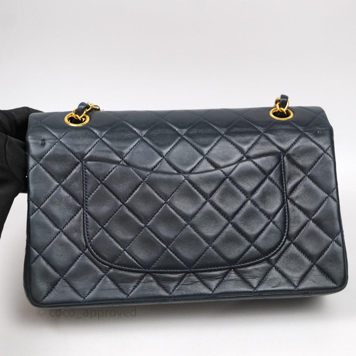 Chanel Vintage M/L Lambskin Medium Double Flap Bag Navy 24K Gold Hardware