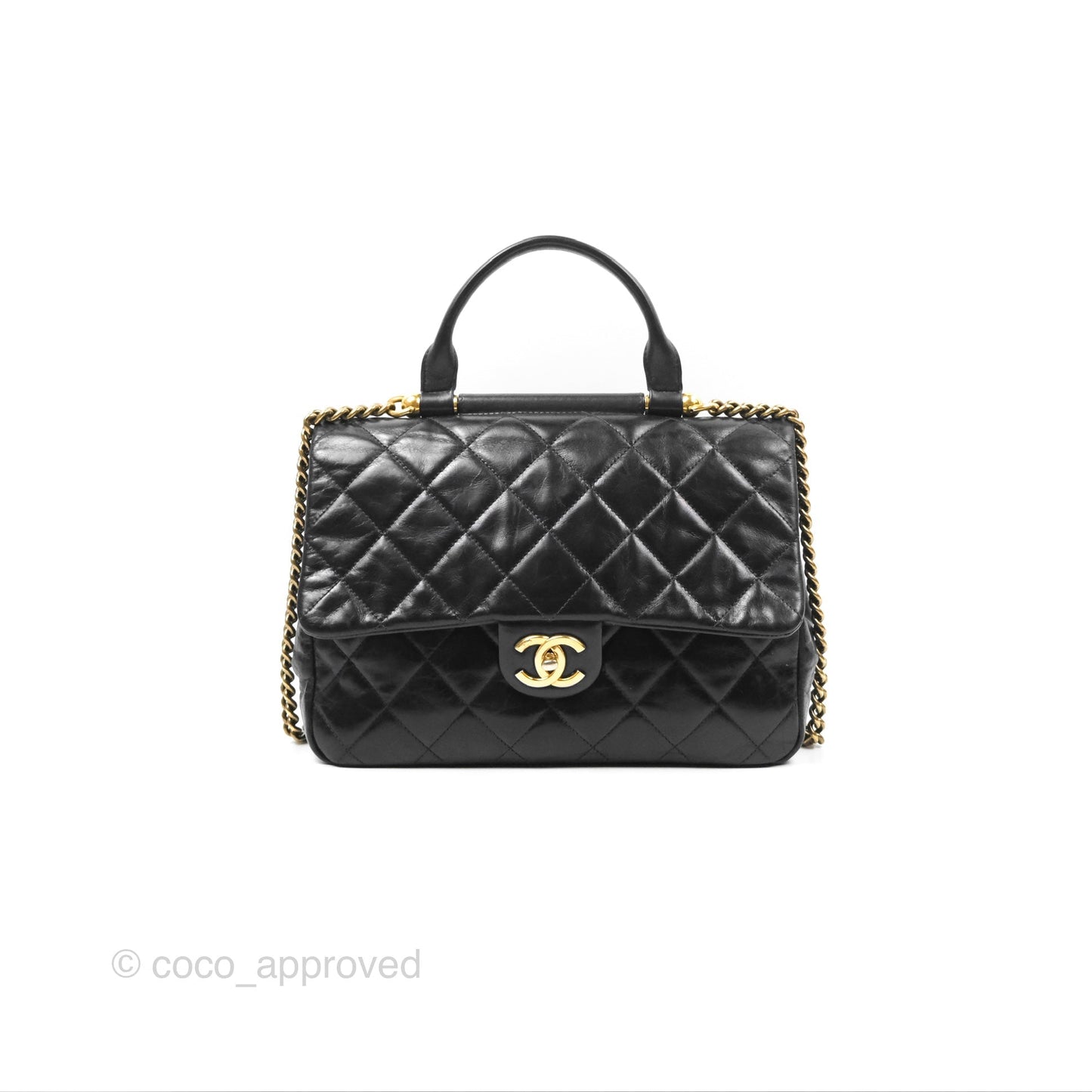 Chanel Gold Bar Top Handle Shoulder Bag Black Glazed Aged Calfskin Aged Gold Hardware