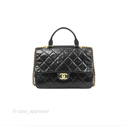 Chanel Gold Bar Top Handle Shoulder Bag Black Glazed Aged Calfskin Aged Gold Hardware