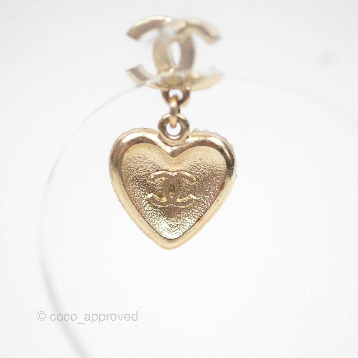 Chanel Crystal CC Pearl Heart Drop Earrings Gold Tone 23V
