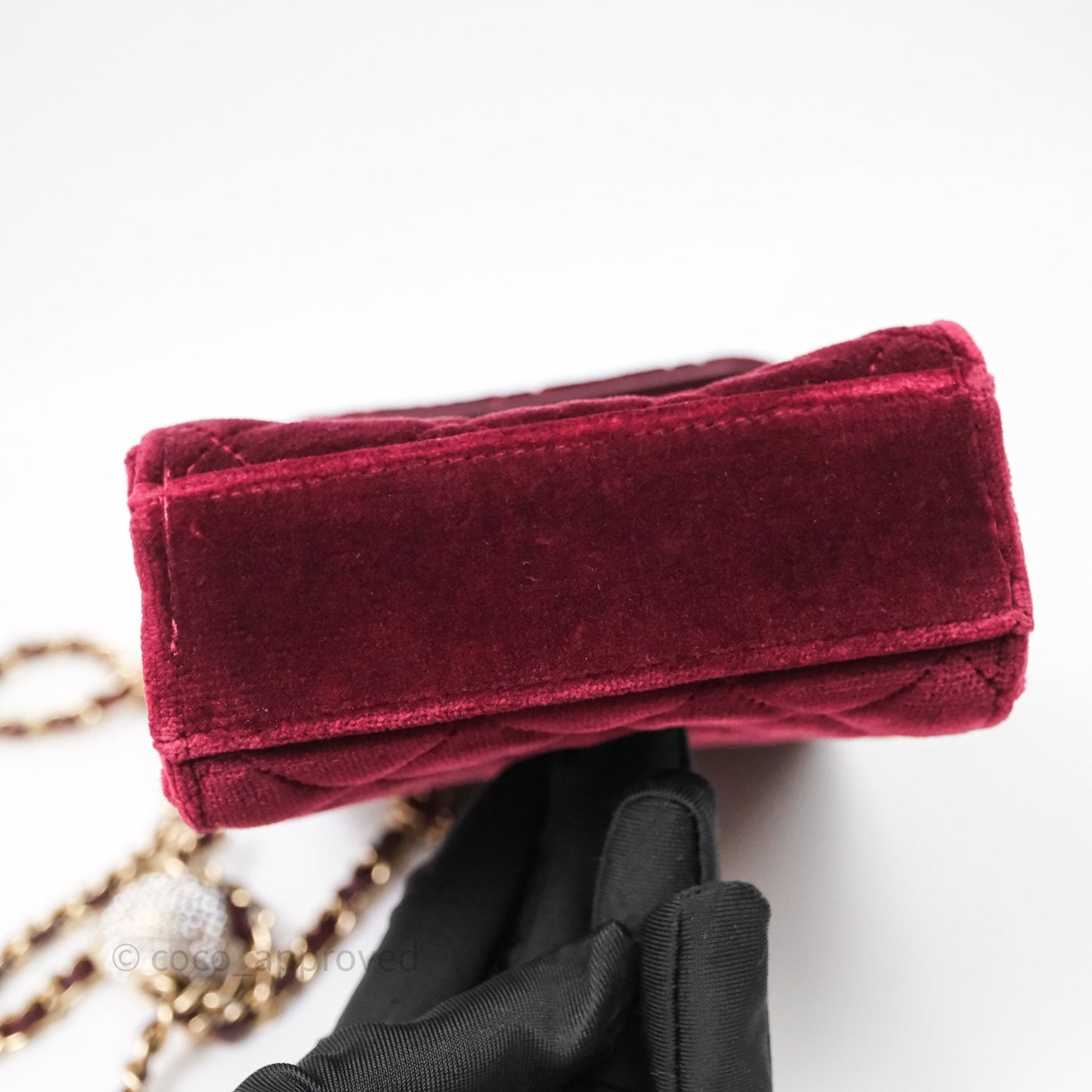 Chanel Quilted Phone Holder Crystals Pearl Crush Red Velvet Gold Hardware